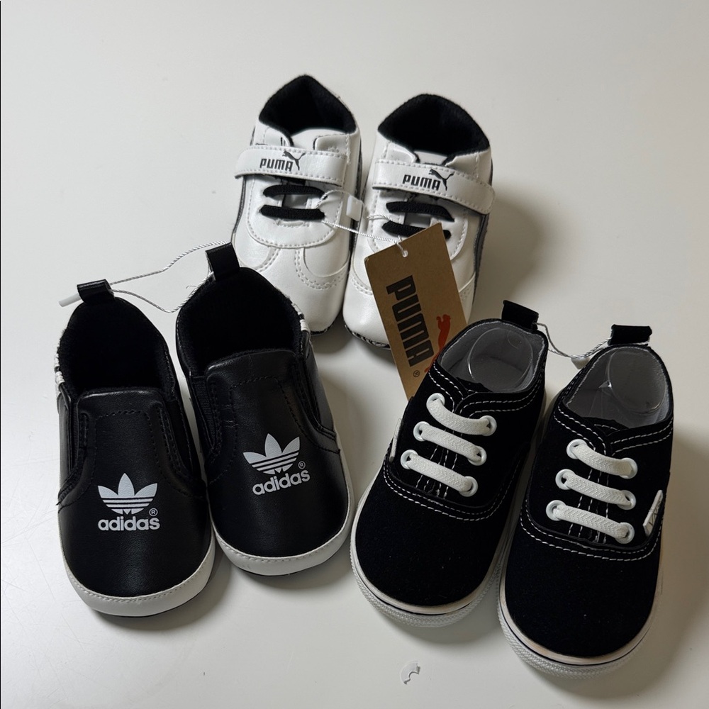 3‎ pack of shoes vans puma Kids White and Black Strap Sneakers